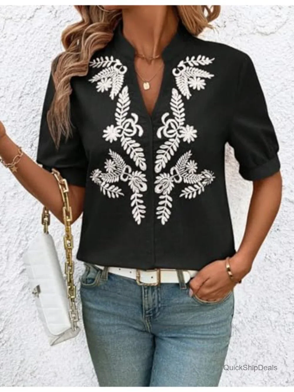 Floral Embroidered V Neck Boho Short Sleeve Linen Blouse Tops